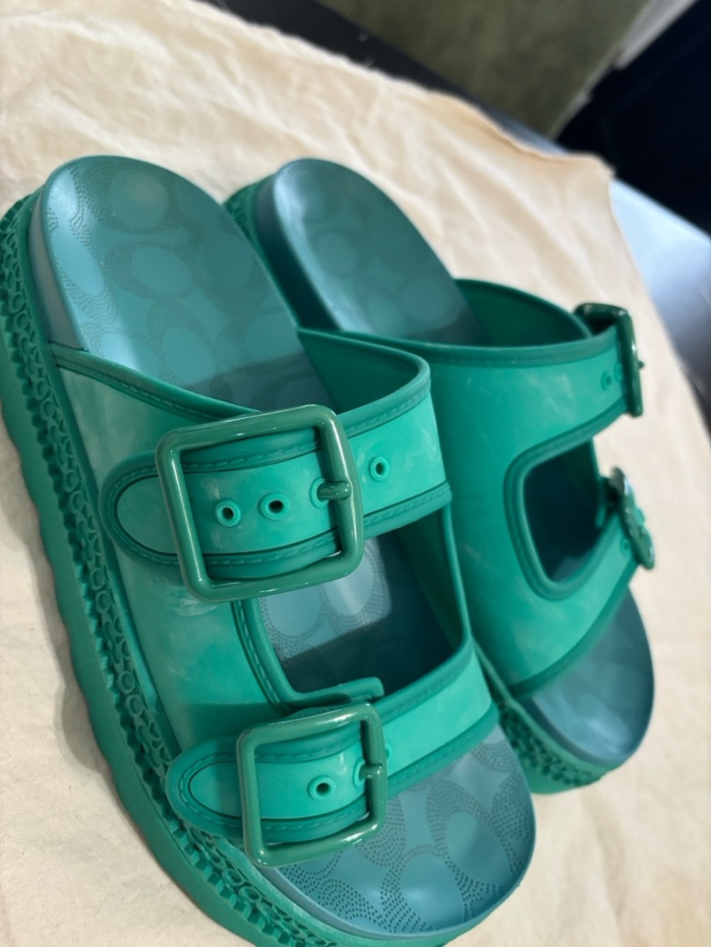Coach Teal Green Double-Buckle Kids Slide Sandals - Picture 3 of 7